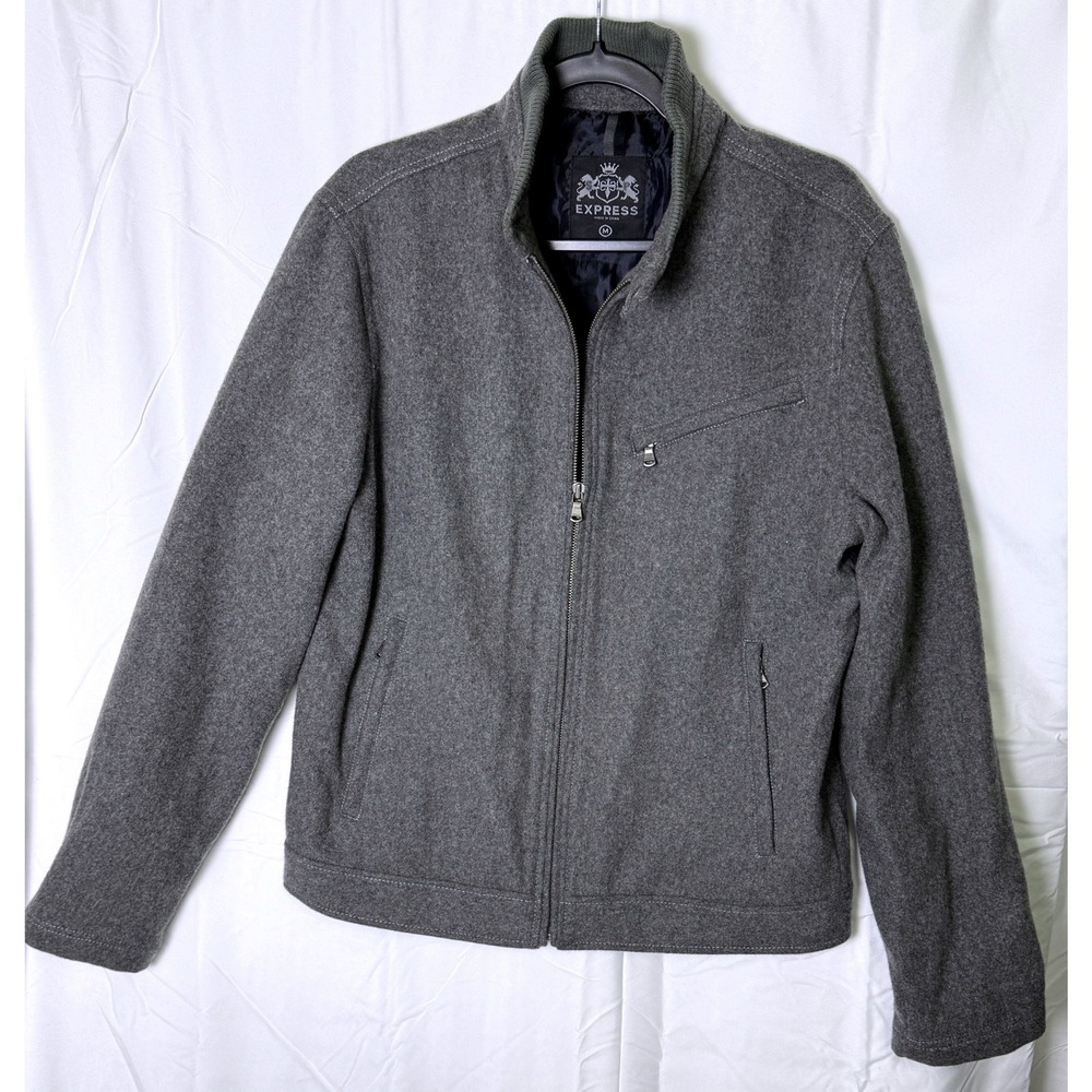 Express Mens Gray Wool Blend Full Zip‎ Mock Neck Jacket Coat Medium RN55285